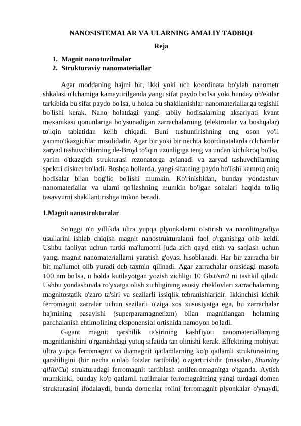 NANOSISTEMALAR VA ULARNING AMALIY TADBIQI