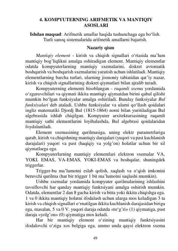 KOMPYUTERNING ARIFMETIK VA MANTIQIY ASOSLARI
