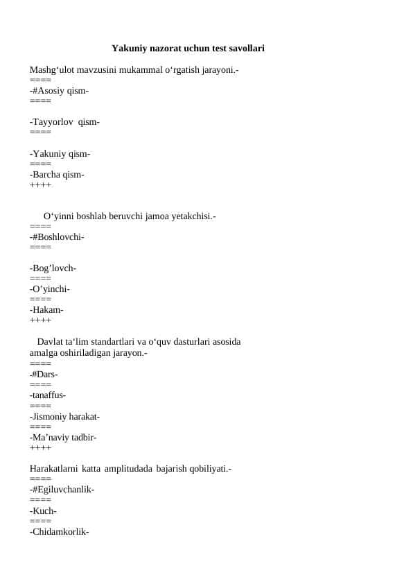 Milliy va harakatli o'yinlar fanida yakuniy nazorat uchun test savollari. javoblari bilan