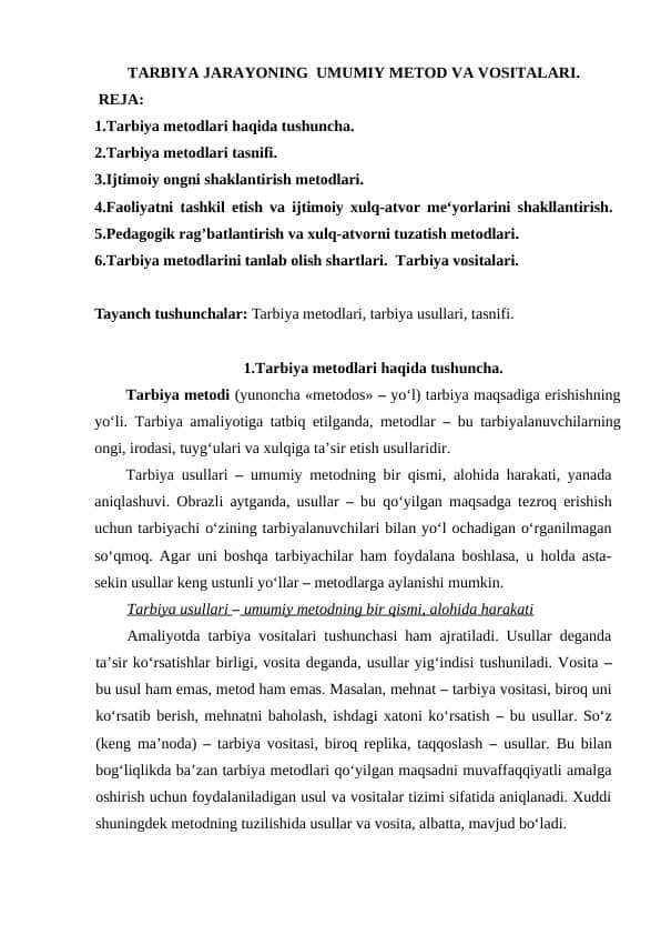 TARBIYA JARAYONING UMUMIY METOD VA VOSITALARI