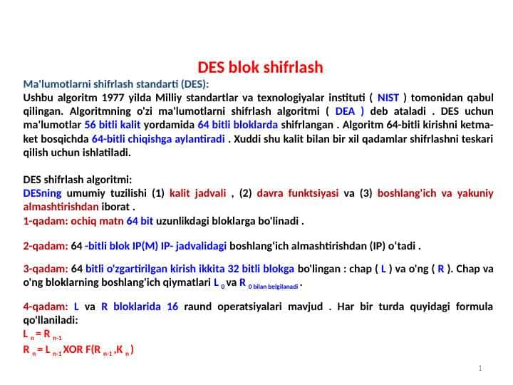 DES blok shifrlash pptx