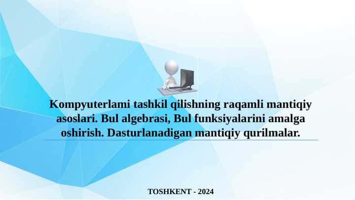 Kompyuterlami tashkil qilishning raqamli mantiqiy asoslari. Bul algebrasi, Bul funksiyalarini amalga oshirish. Dasturlanadigan mantiqiy qurilmalar.