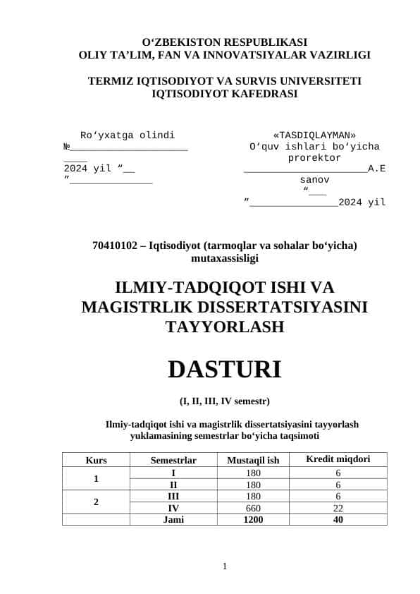 ILMIY-TADQIQOT ISHI VA MAGISTRLIK DISSERTATSIYASINI TAYYORLASH DASTURI