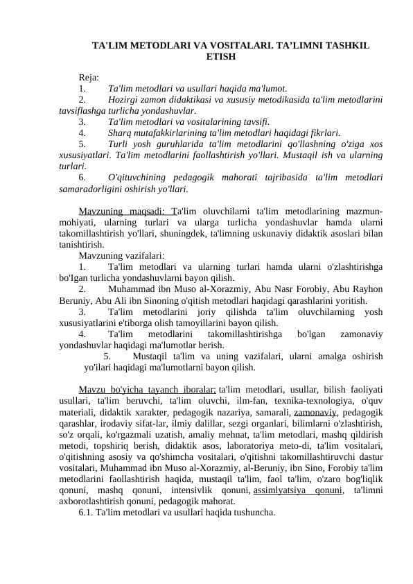 TA'LIM METODLARI VA VOSITALARI. TA’LIMNI TASHKIL ETISH