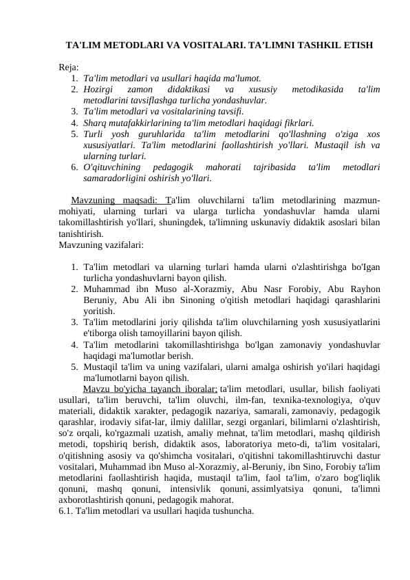 TA'LIM METODLARI VA VOSITALARI. TA’LIMNI TASHKIL ETISH