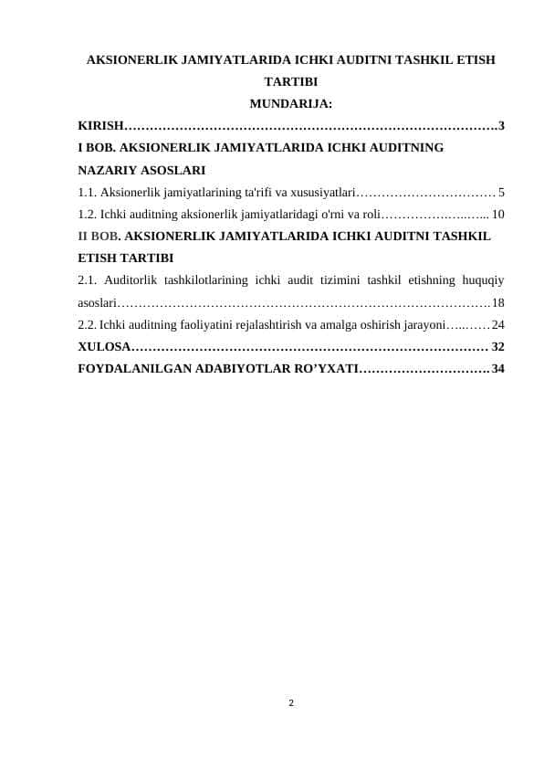 AKSIONERLIK JAMIYATLARIDA ICHKI AUDITNI TASHKIL ETISH TARTIBI
