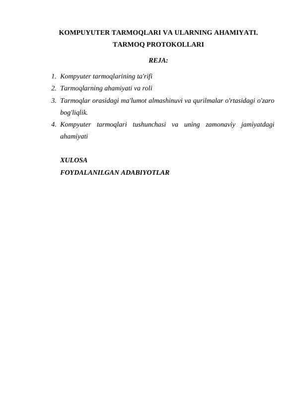 KOMPUYUTER TARMOQLARI VA ULARNING AHAMIYATI. TARMOQ PROTOKOLLARI
