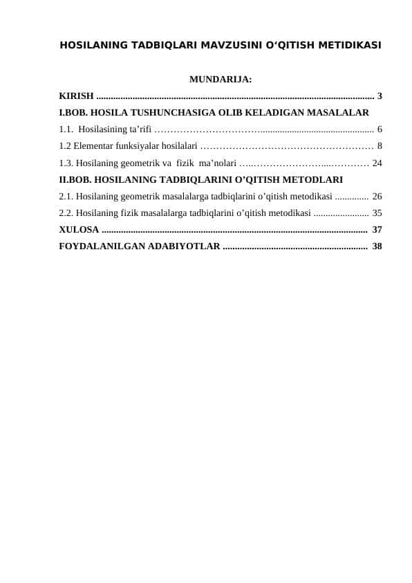 HOSILANING TADBIQLARI MAVZUSINI O‘QITISH METIDIKASI