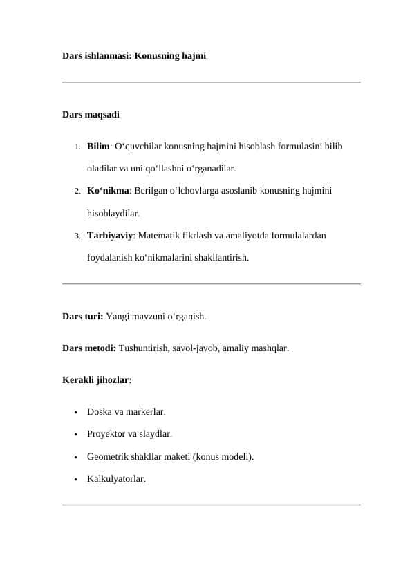 Konusning hajmi ( Dars ishlanma )