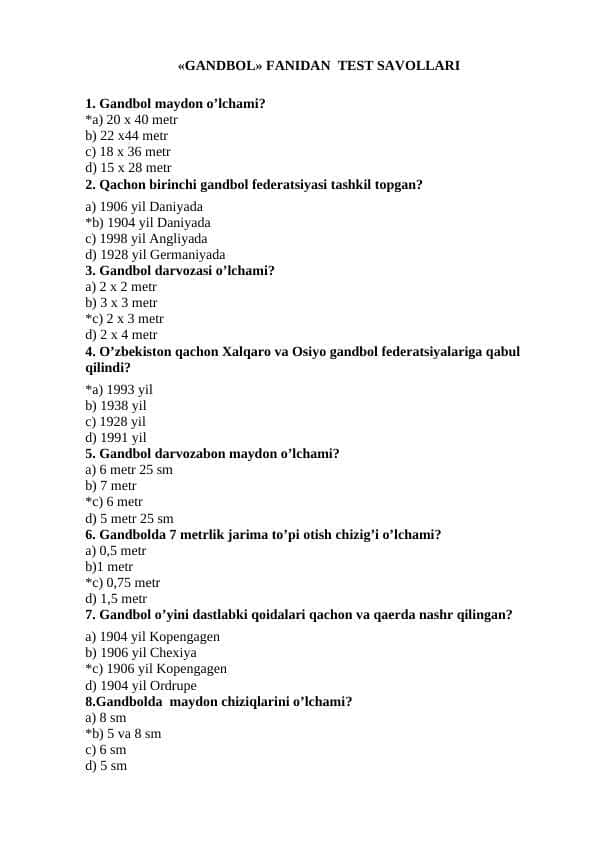 Gandbol fanidan test. 100 talik. javoblari bilan