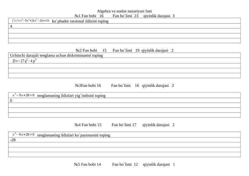Algebra yakuniy test bu yilgi