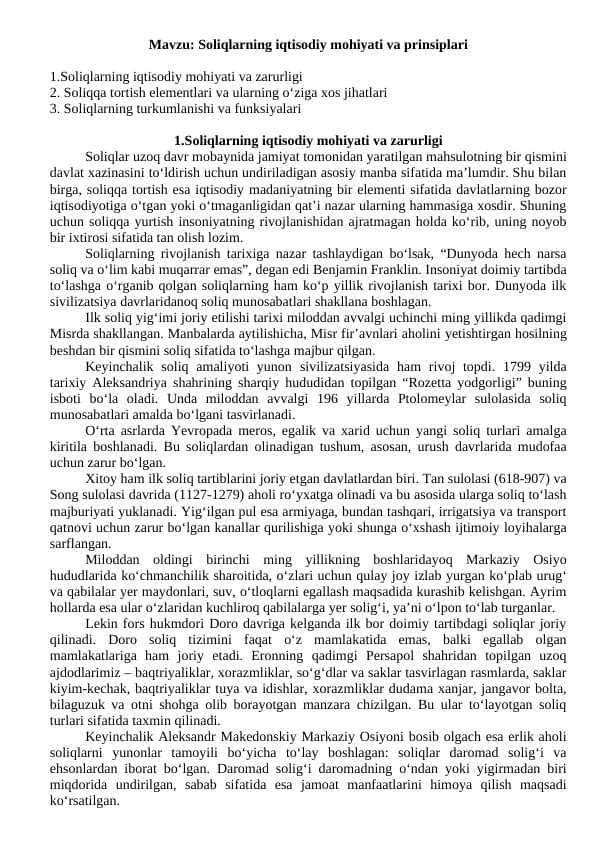 Soliqlarning iqtisodiy mohiyati va prinsiplari