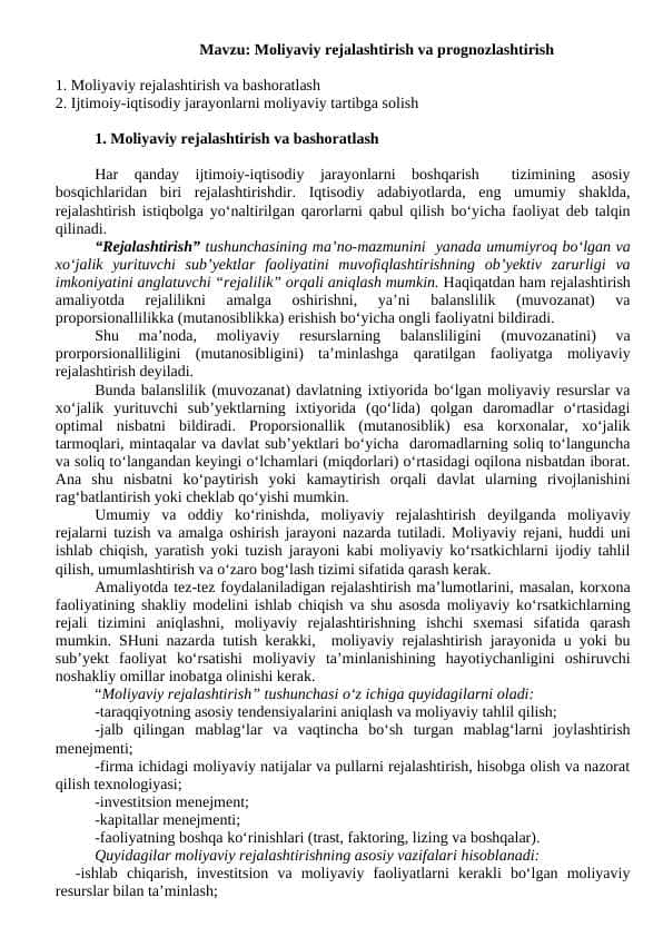 Moliyaviy rejalashtirish va prognozlashtirish