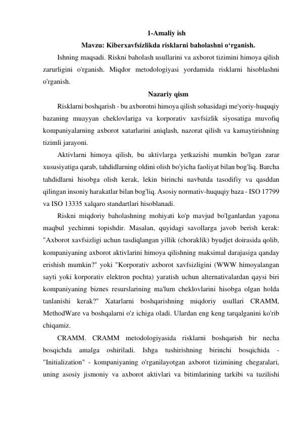 Kiberxavfsizlikda risklarni baholashni o‘rganish