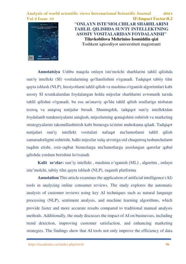 ONLAYN ISTE'MOLCHILAR SHARHLARINI TAHLIL QILISHDA SUN'IY INTELLEKTNING ASOSIY VOSITALARIDAN FOYDALANISH