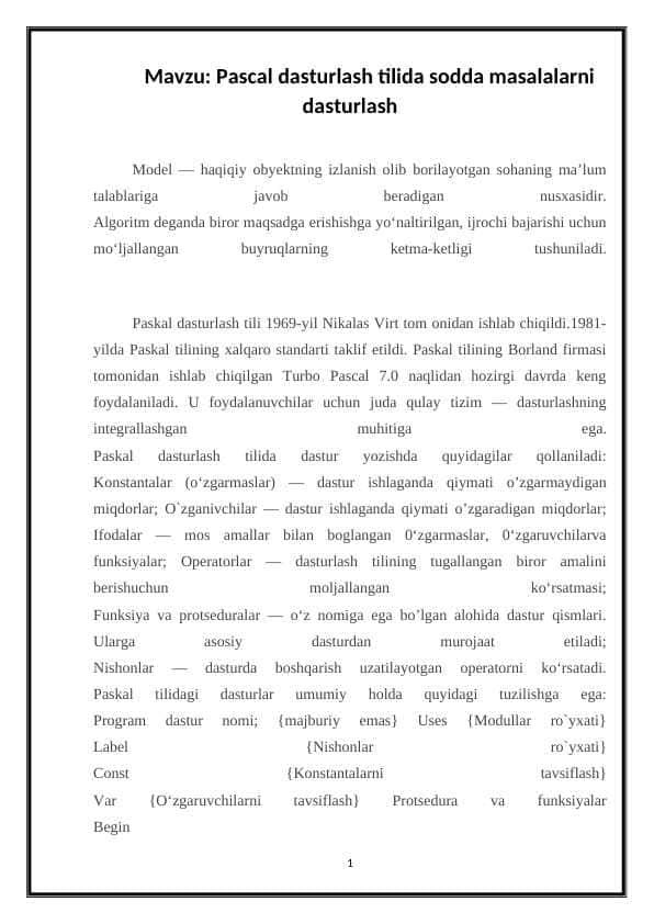 Pascal dasturlash tilida sodda masalalarni dasturlash