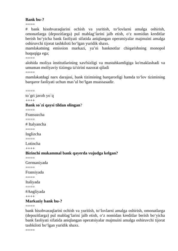 Bank ishi test javoblari bilan