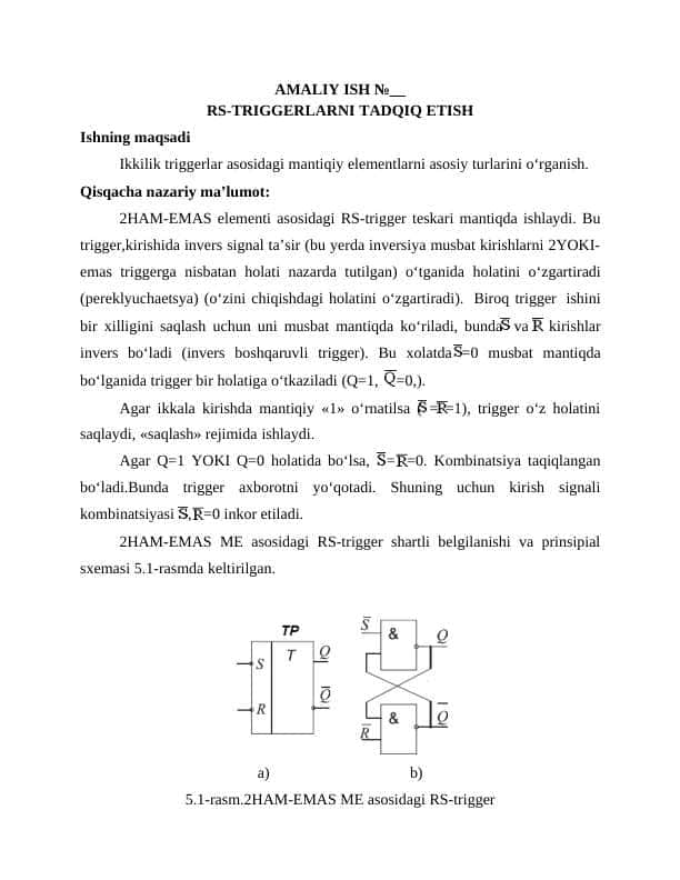 RS-TRIGGERLARNI TADQIQ ETISH