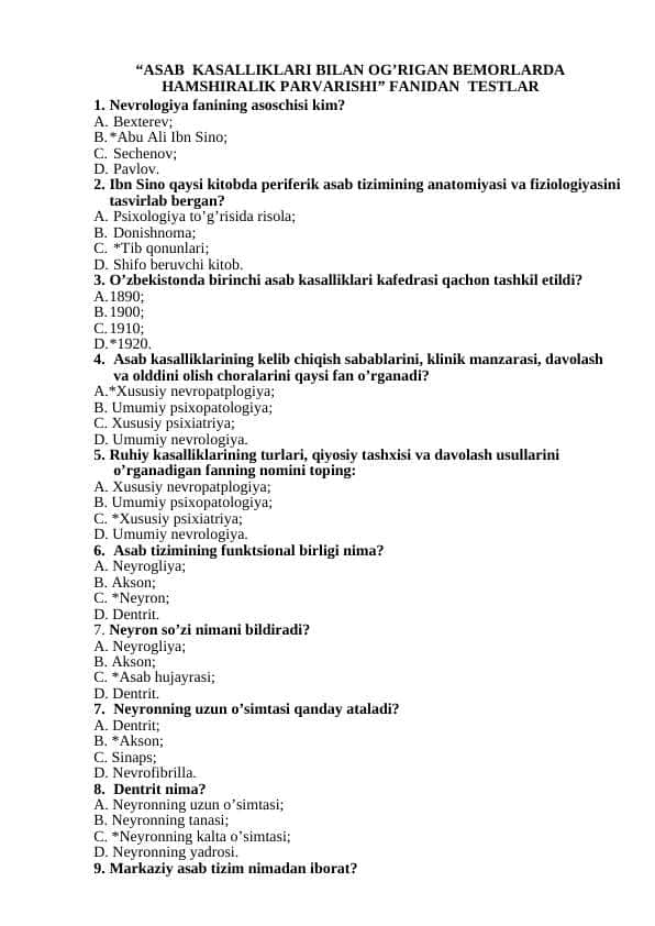 “ASAB KASALLIKLARI BILAN OG’RIGAN BEMORLARDA HAMSHIRALIK PARVARISHI” FANIDAN TESTLAR JAVOBI BILAN
