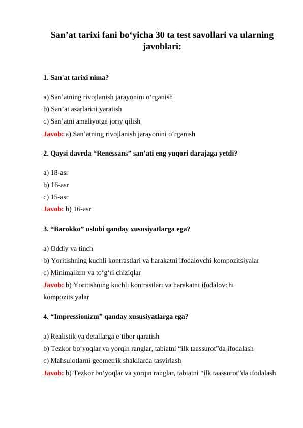 San’at tarixi fani boʻyicha 30 ta test savollari va ularning javoblari: