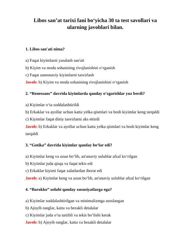 Libos san’at tarixi fani boʻyicha 30 ta test savollari va ularning javoblari bilan.