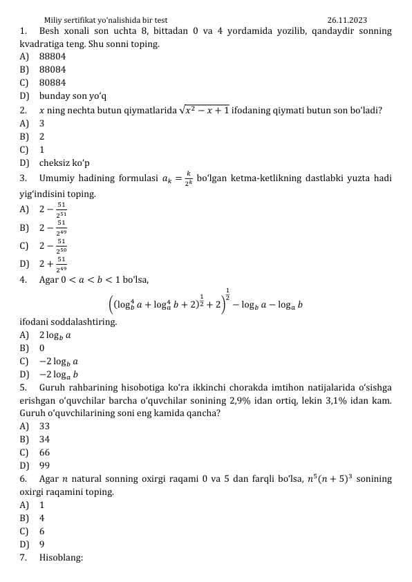 Matematika milliy sertifikat test namuna