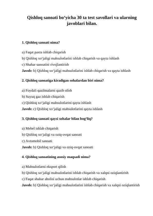 Qishloq sanoati boʻyicha 30 ta test savollari va ularning javoblari bilan.