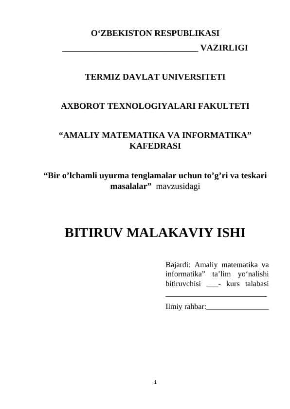 Bir o’lchamli uyurma tenglamalar uchun to’g’ri va teskari masalalar
