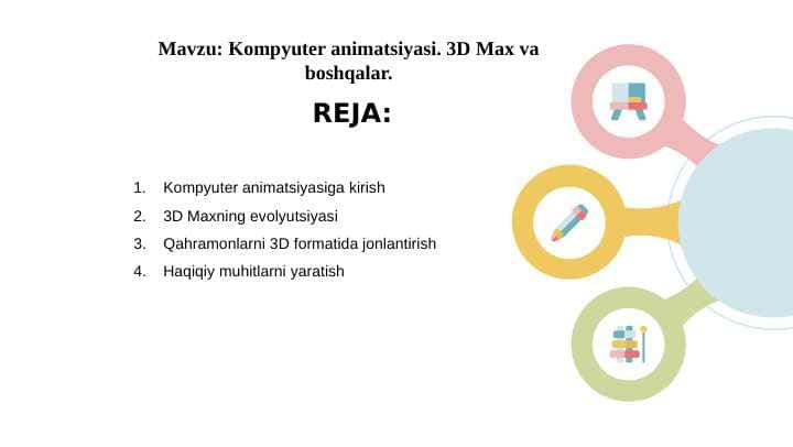 Kompyuter animatsiyasi. 3D Max va boshqalar.