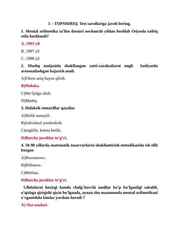 matematika,testlar va savol javoblar