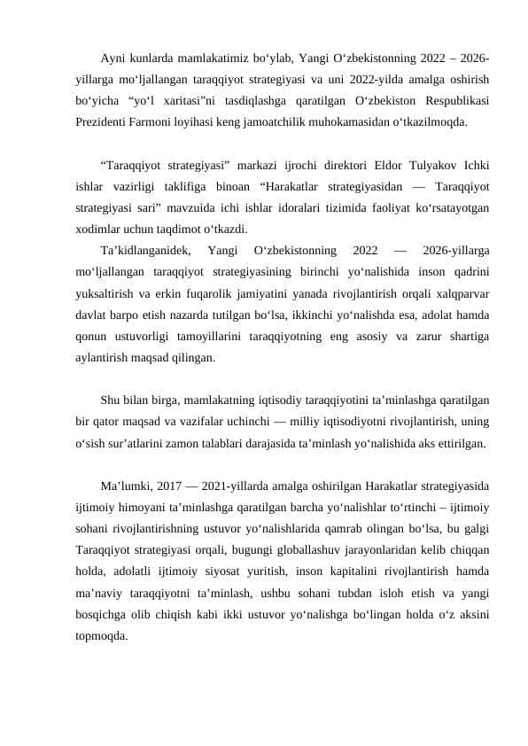 Harakatlar strategiyasidan taraqqiyot strategiyasi sari