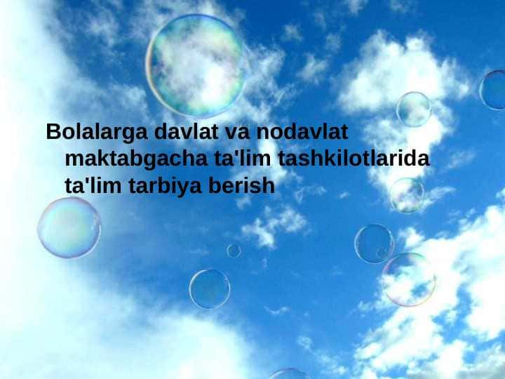 Bolalarga davlat va nodavlat maktabgacha ta'lim tashkilotlarida ta'lim tarbiya berish