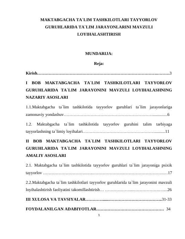 MAKTABGACHA TA`LIM TASHKILOTLARI TAYYORLOV GURUHLARIDA TA`LIM JARAYONLARINI MAVZULI LOYIHALASHTIRISH