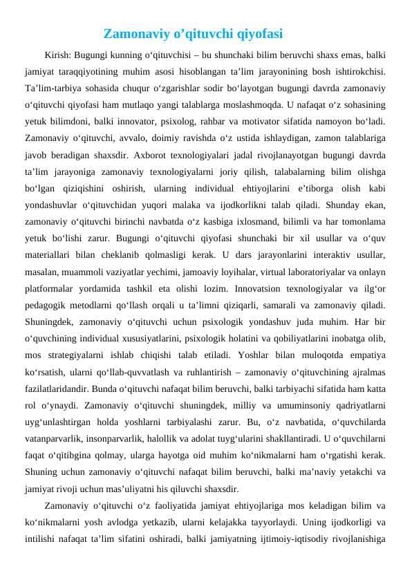 Zamonaviy o’qituvchi qiyofasi