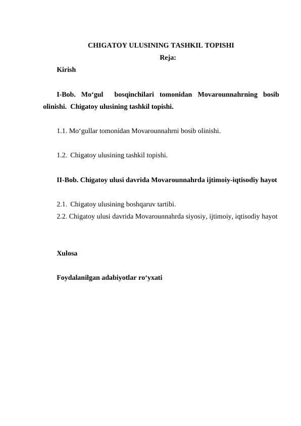 CHIGATOY ULUSINING TASHKIL TOPISHI