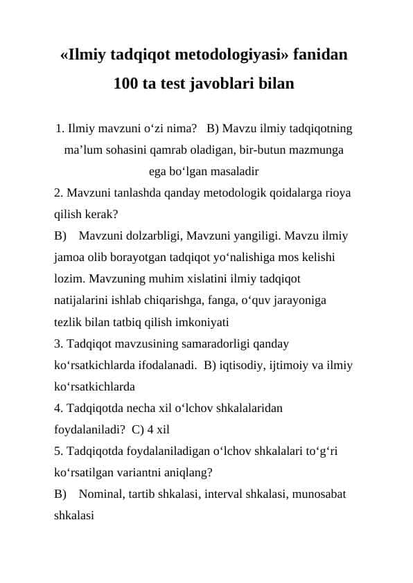 Ilmiy tadqiqot metodologiyasi fanidan 100 ta test javoblari bilan