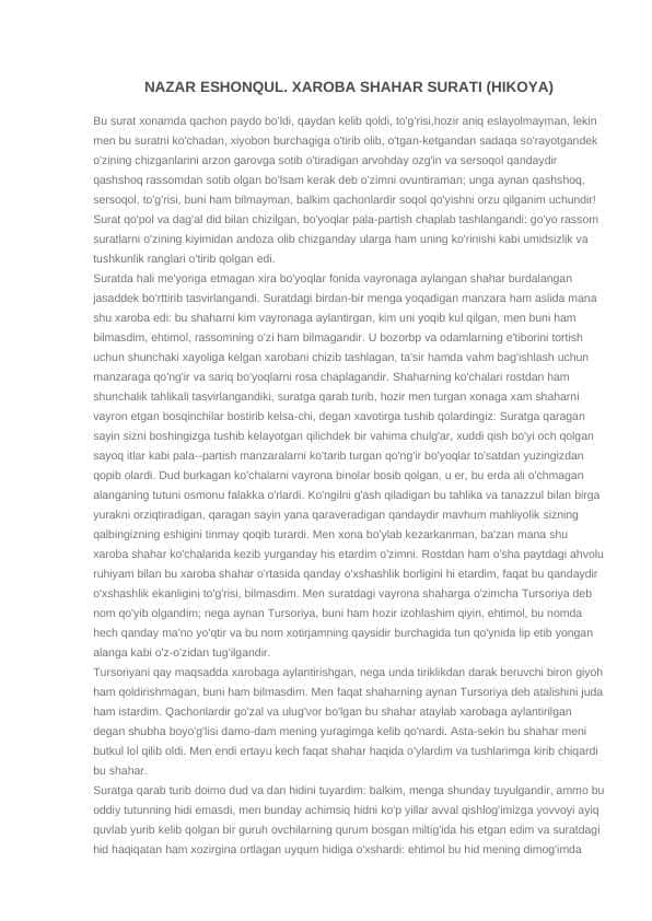 NAZAR ESHONQUL. XAROBA SHAHAR SURATI (HIKOYA)