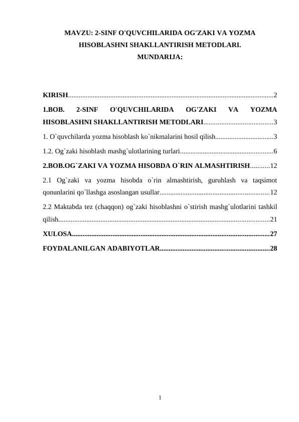 2-SINF O'QUVCHILARIDA OG'ZAKI VA YOZMA HISOBLASHNI SHAKLLANTIRISH METODLARI
