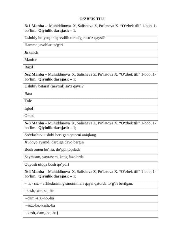 O'zbek tili fanidan test 200 talik. javobsiz