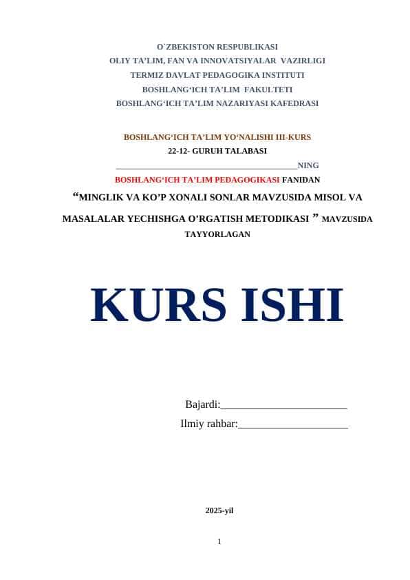 “MINGLIK” MAVZUSIDA MISOL, MASALALAR YECHISHGA O‘RGATISH METODIKASI