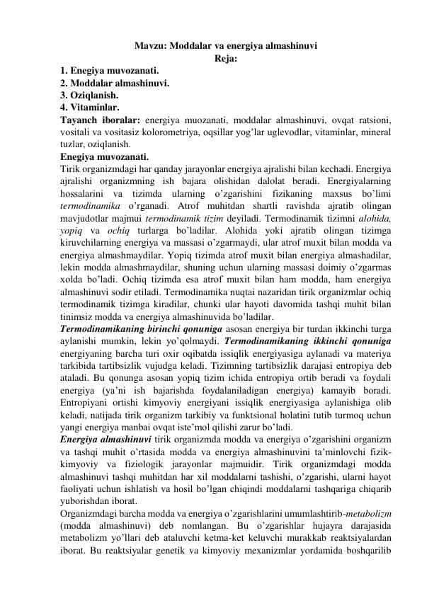 Moddalar va energiya almashinuvi