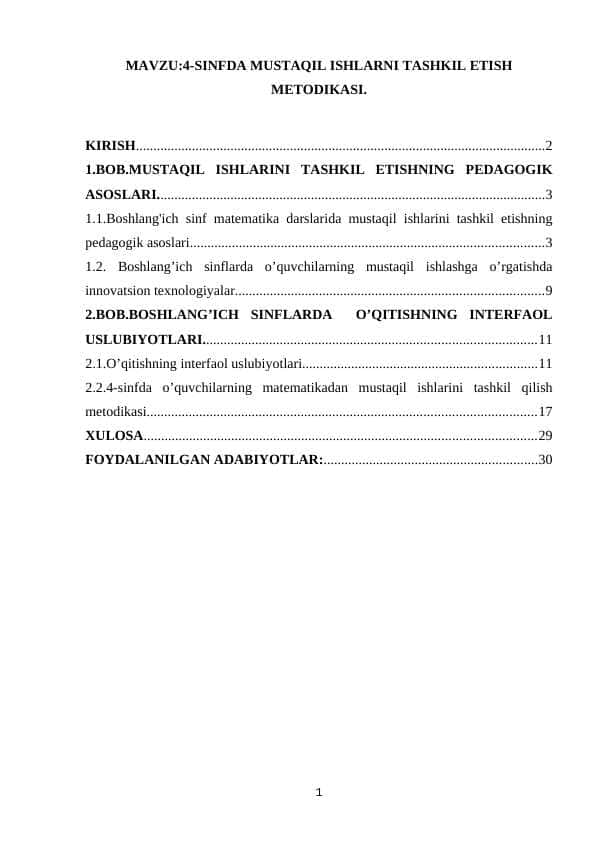 4-SINFDA MUSTAQIL ISHLARNI TASHKIL ETISH METODIKASI