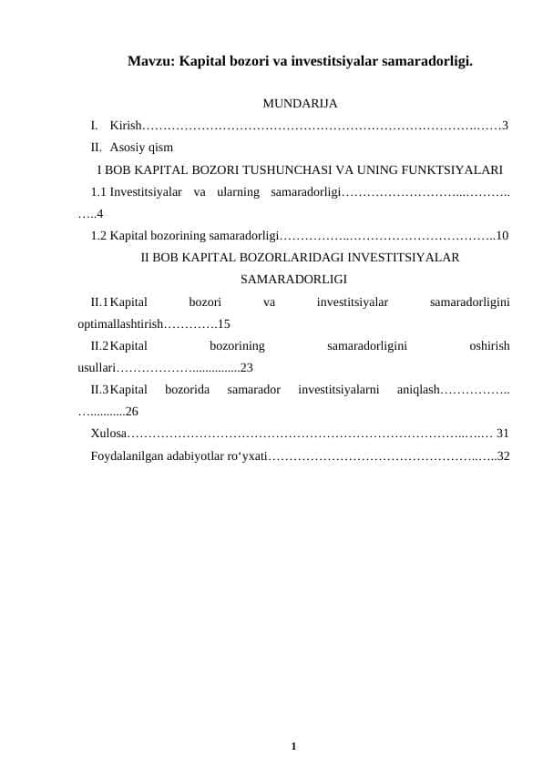 Kapital bozori va investitsiyalar samaradorligi