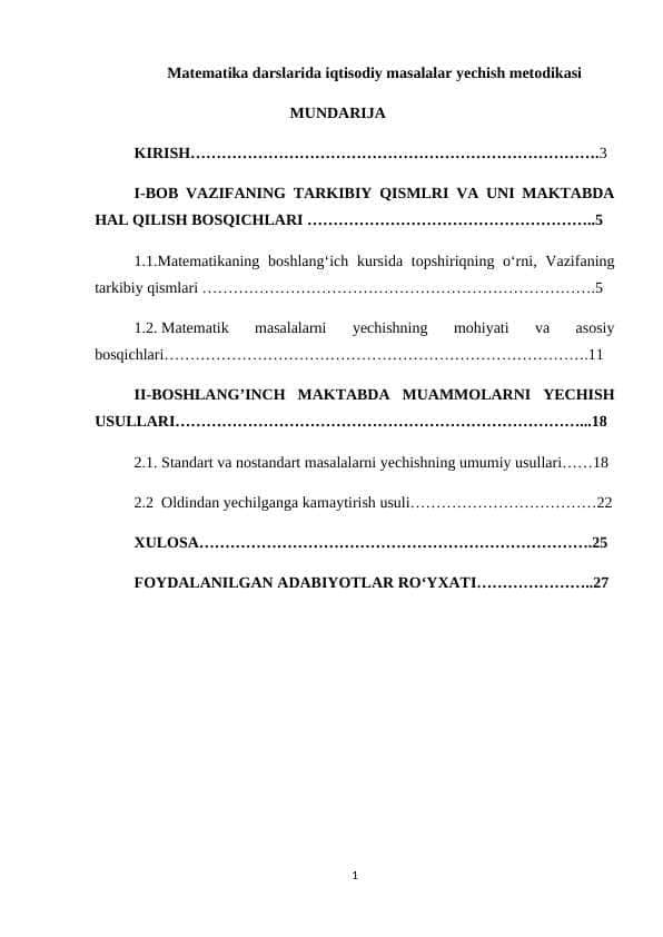Matematika darslarida iqtisodiy masalalar yechish metodikasi