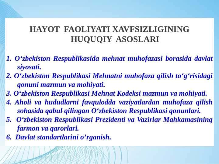 HAYOT FAOLIYATI XAVFSIZLIGINING HUQUQIY ASOSLARI pptx