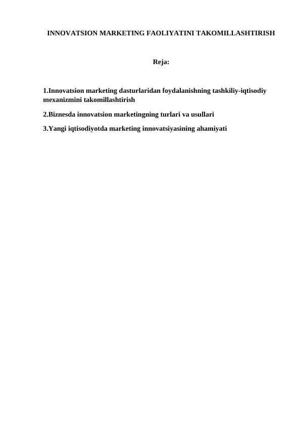 Innovatsion marketing faoliyatini takomillashtirish