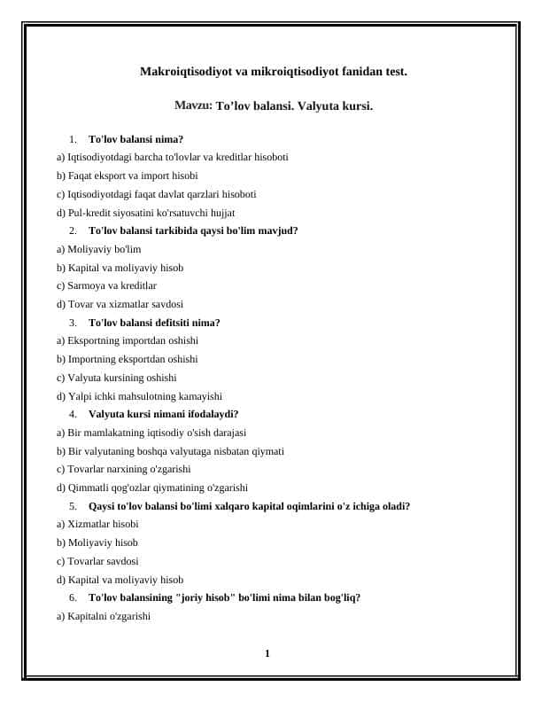 To’lov balansi. Valyuta kursi.