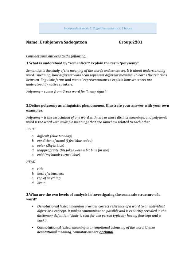 cognitive semantics independent work 5 / kognitiv semantika mustaqil ish 5