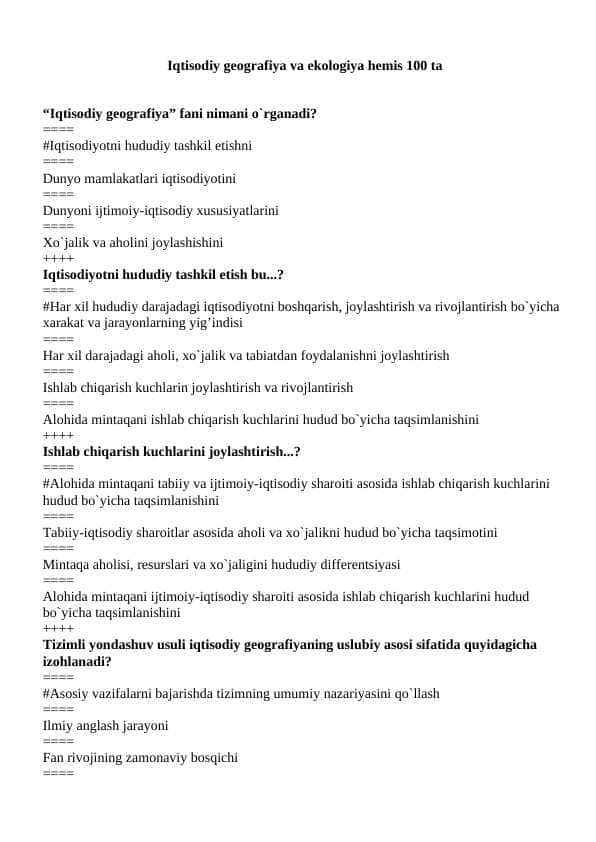 Iqtisodiy geografiya va ekologiya hemis 100 ta