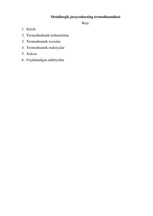 Metallurgik jarayonlarning termodinamikasi